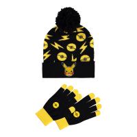 POKEMON 3D Pikachu Patch with All-over Print Beanie & Knitted Gloves Giftset, Black/Yellow (GS625363POK)